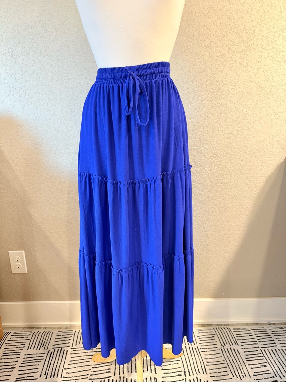 Zenana Blue Tiered Maxi Skirt Small Drawstring Boho Peasant